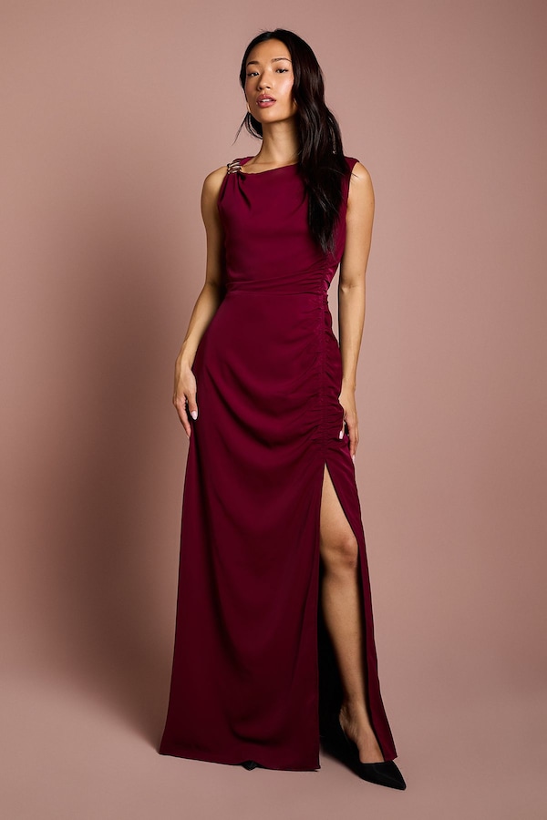 Coast Sleeveless Ruched Maxi Dress With Buckle Detail Berry
