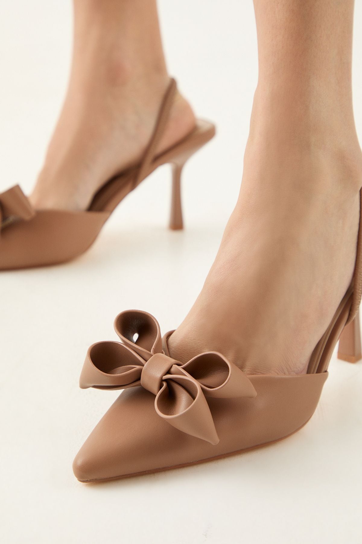 MissPap Faux Leather Bow Detail Sling Back Mid Stiletto Heel Court Shoes Mocha image 4