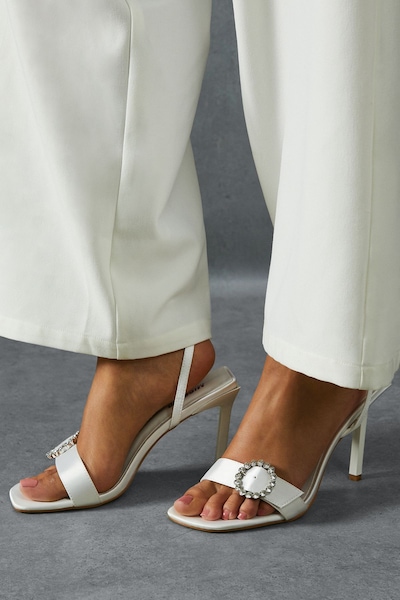 MissPap Satin Diamante Buckle Square Toe Heels Ivory