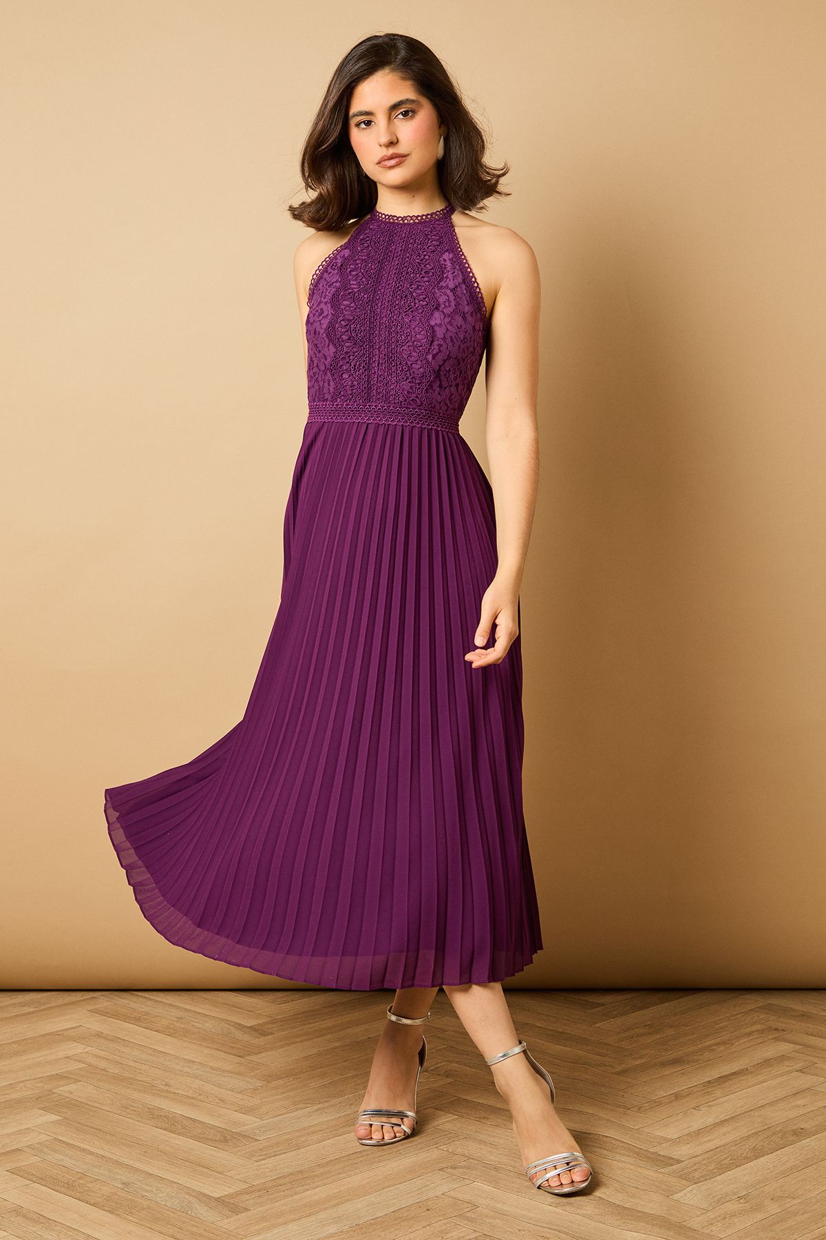 Oasis Plain Lace Mix Halterneck Midi Dress Purple image 1