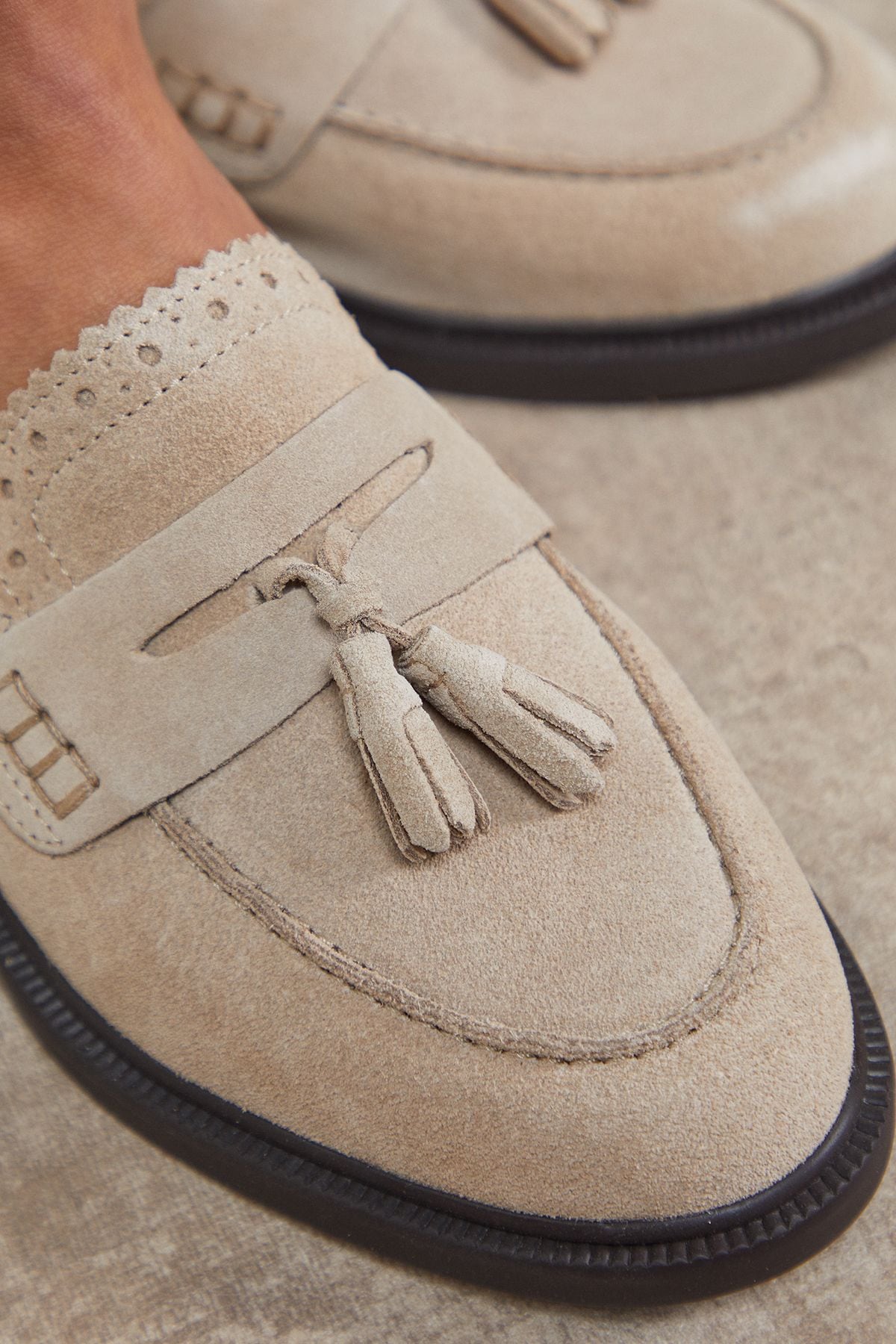 Oasis Bunny Suede Brogue Detail Tassel Loafers Beige image 4