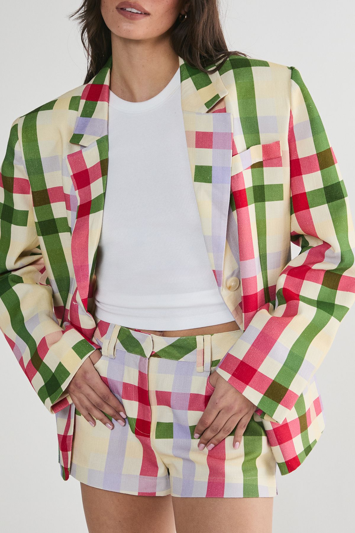 NastyGal Linen Mix Gingham Tailored Shorts Multi image 2