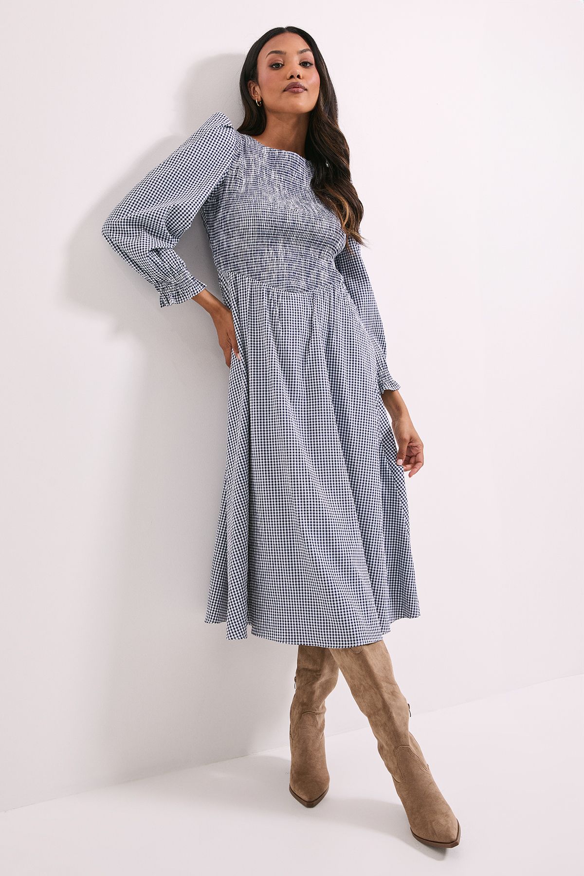 Dorothy Perkins Gingham Shirred Bodice Blouson Sleeve Midi Dress Navy image 1