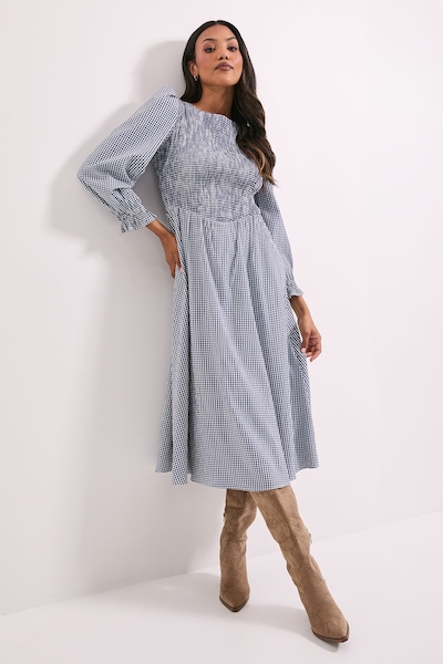 Dorothy Perkins Gingham Shirred Bodice Blouson Sleeve Midi Dress Navy