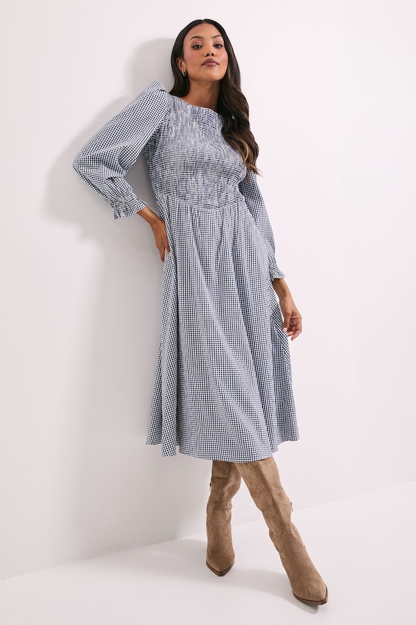 Dorothy Perkins Gingham Shirred Bodice Blouson Sleeve Midi Dress Navy