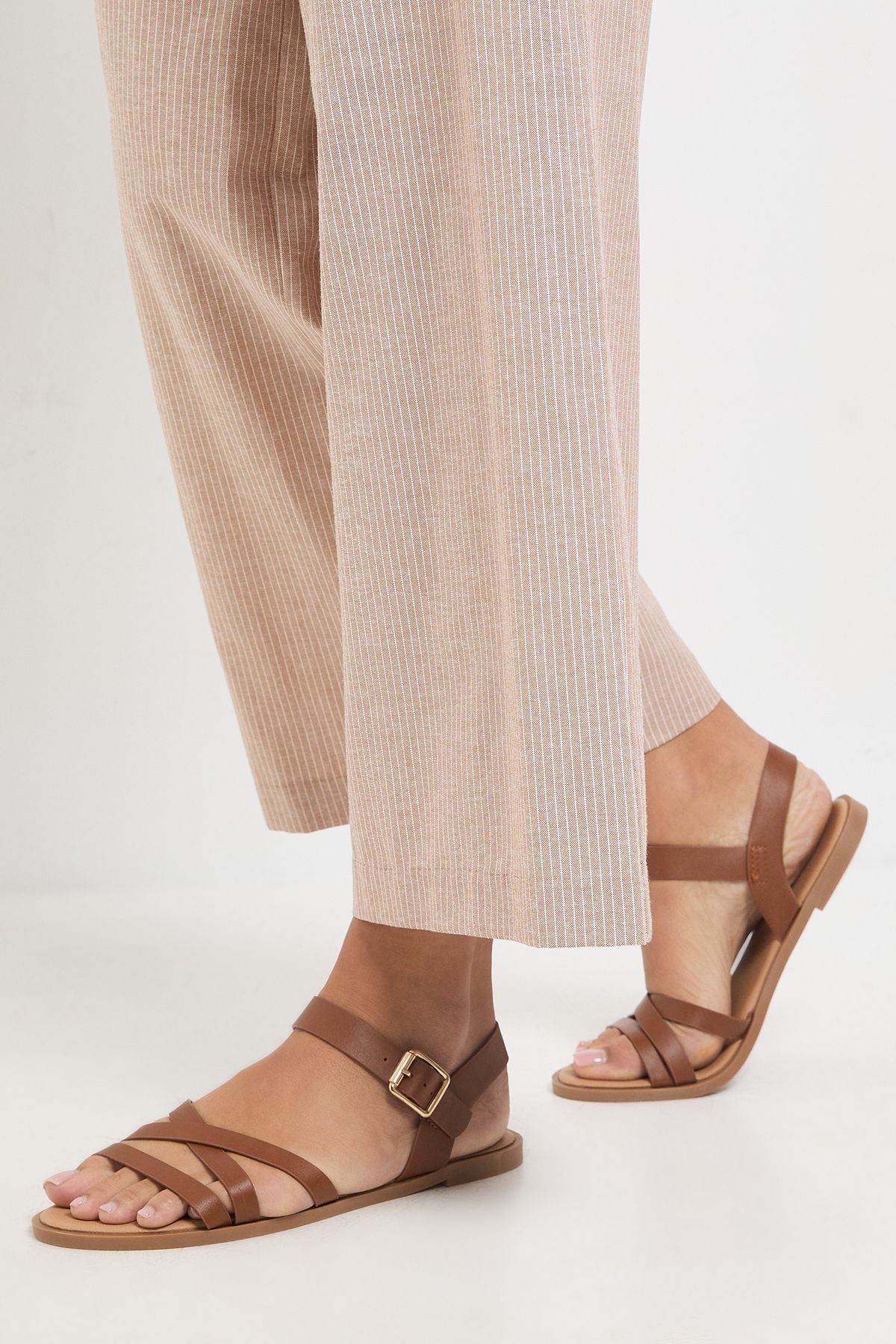 Dorothy Perkins Wide Fit Axela Faux Leather Cross Strap Padded Flat Sandals Tan