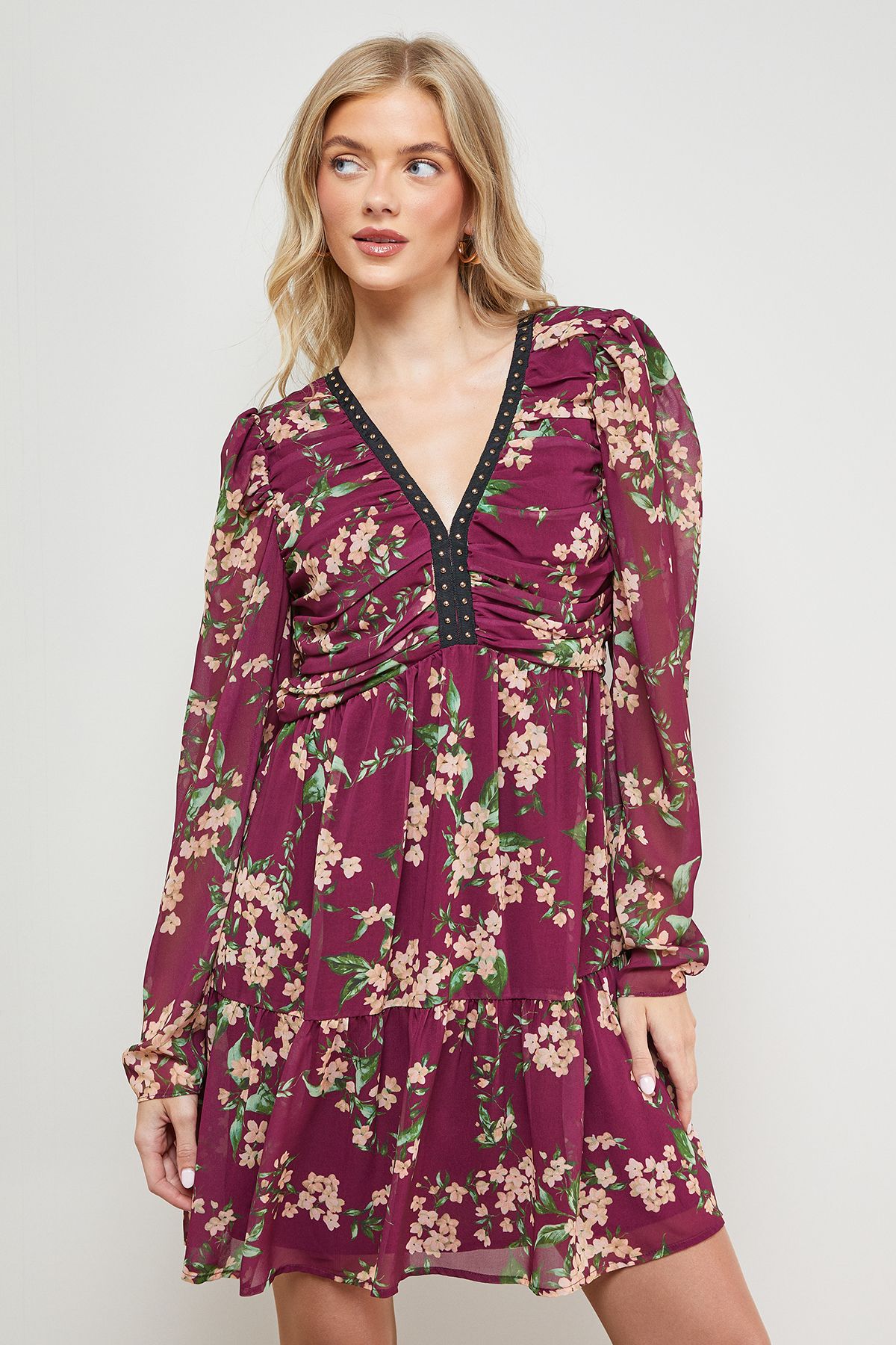 Oasis Printed Statement Shoulder Ruched Body Mini Dress Floral image 2