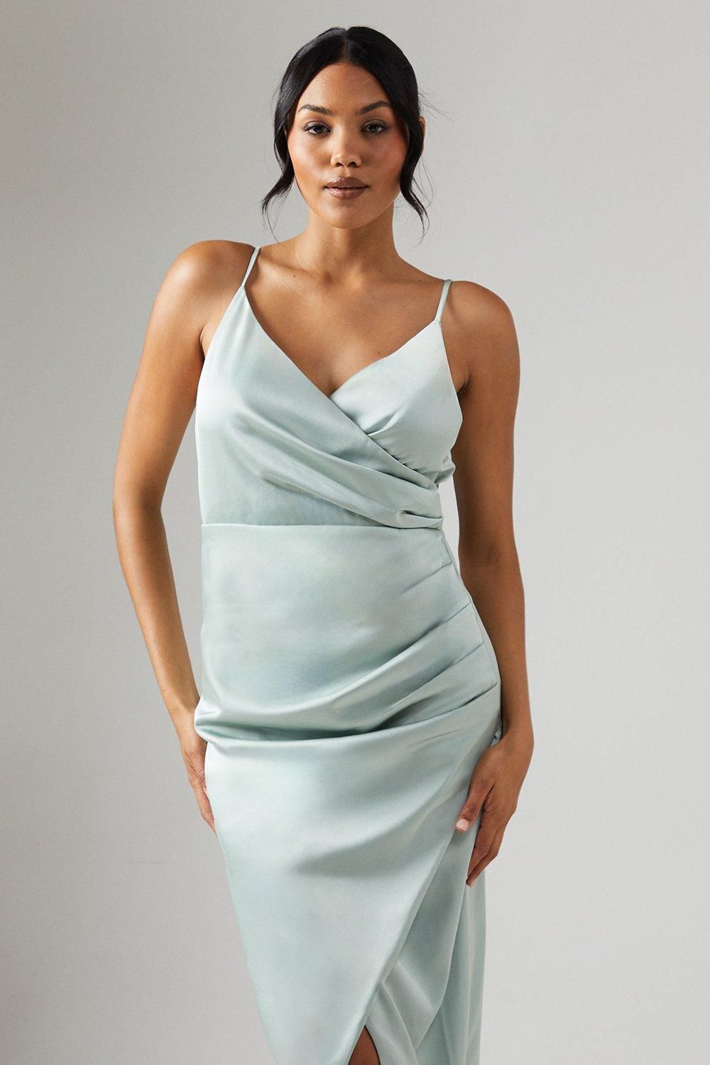 Oasis Petite Ruched Side Strappy Satin Maxi Bridesmaid Dress Sage image 4