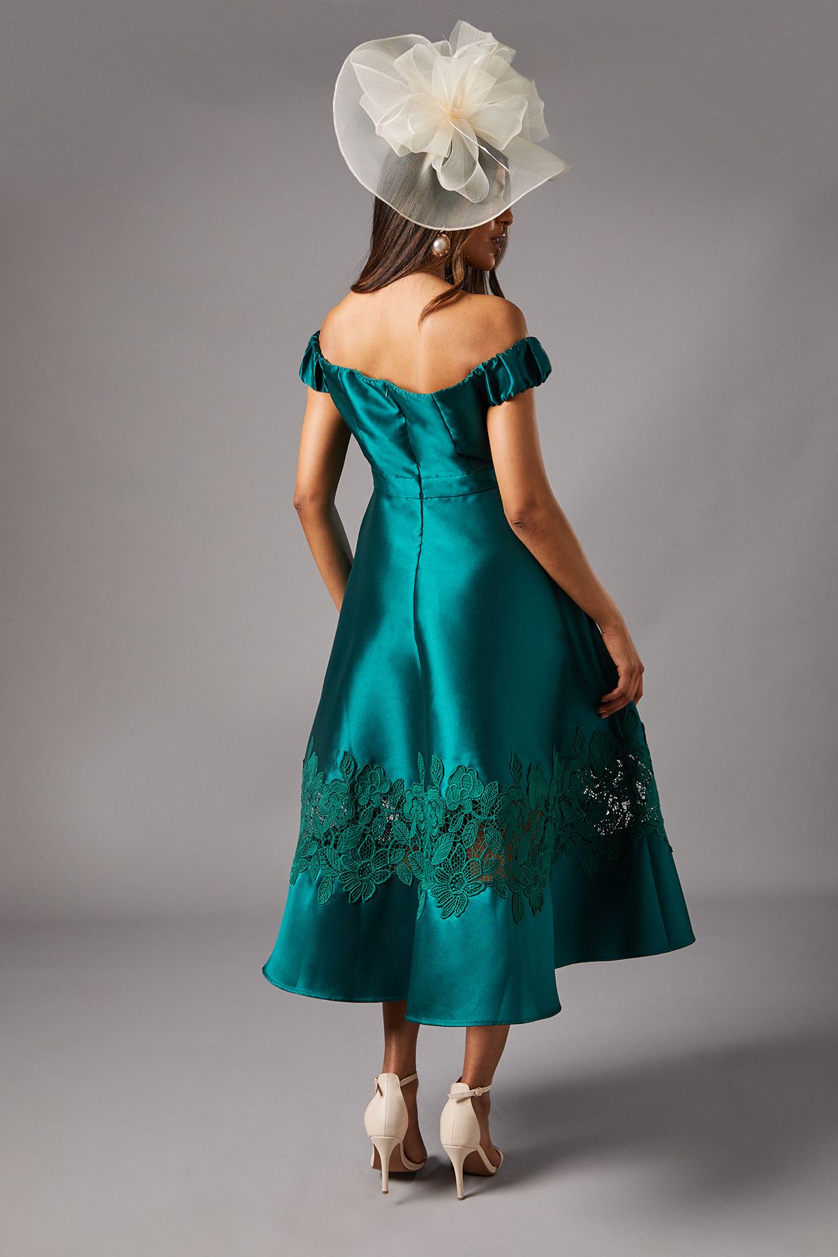 Coast Petite Bardot Twill Midi Dress With Lace Trim Emerald image 4