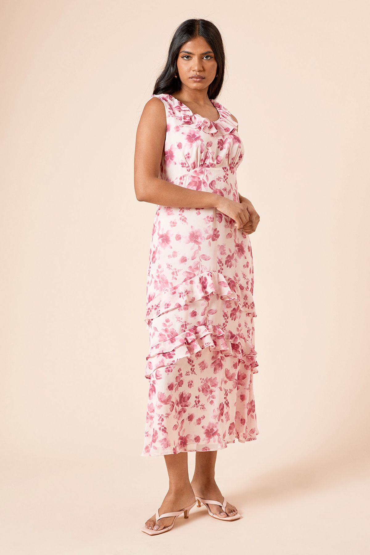 Dorothy Perkins Petite Frill Neck Ruffle Detail Maxi Dress Pink image 1