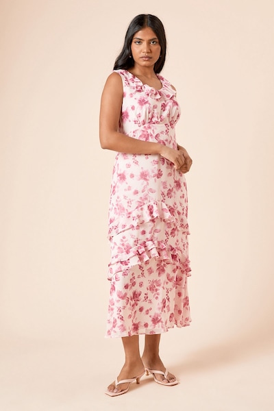 Dorothy Perkins Petite Frill Neck Ruffle Detail Maxi Dress Pink