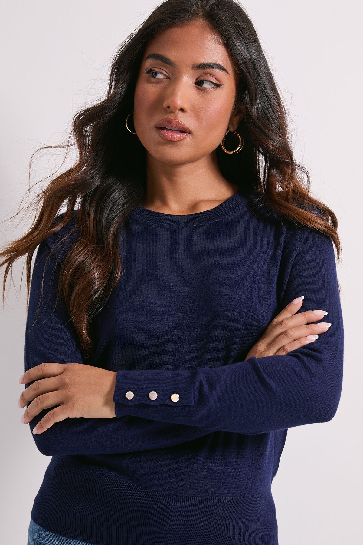 Dorothy Perkins Petite Navy Crew Neck Button Cuff Jumper Navy image 4