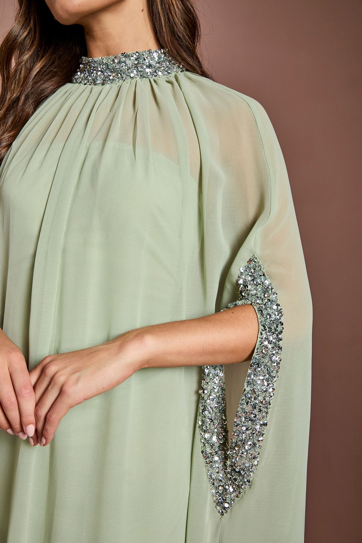 Coast Chiffon Cape Style Sequin Maxi Dress Sage image 4