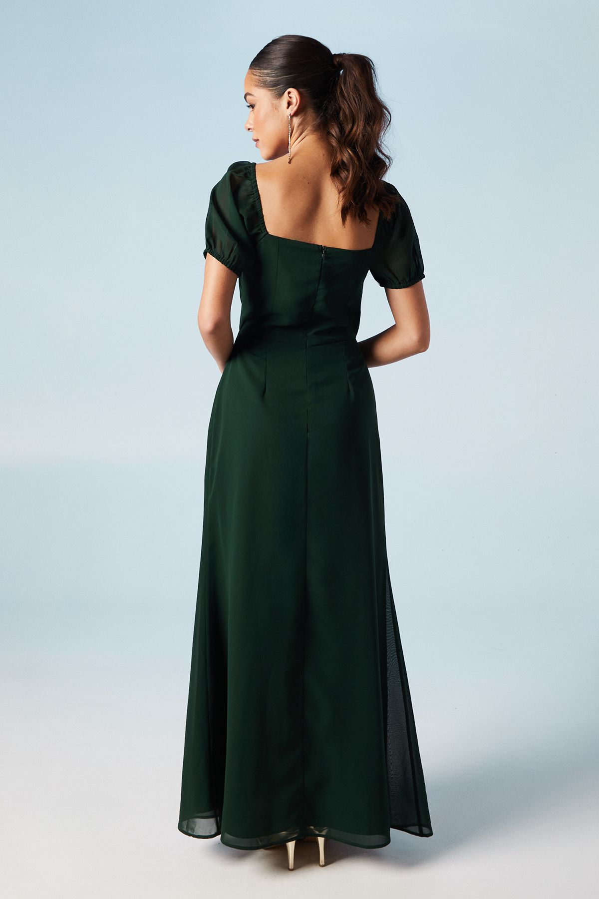 Oasis Ruched Bodice Puff Sleeve Chiffon Maxi Bridesmaid Dress Emerald image 3