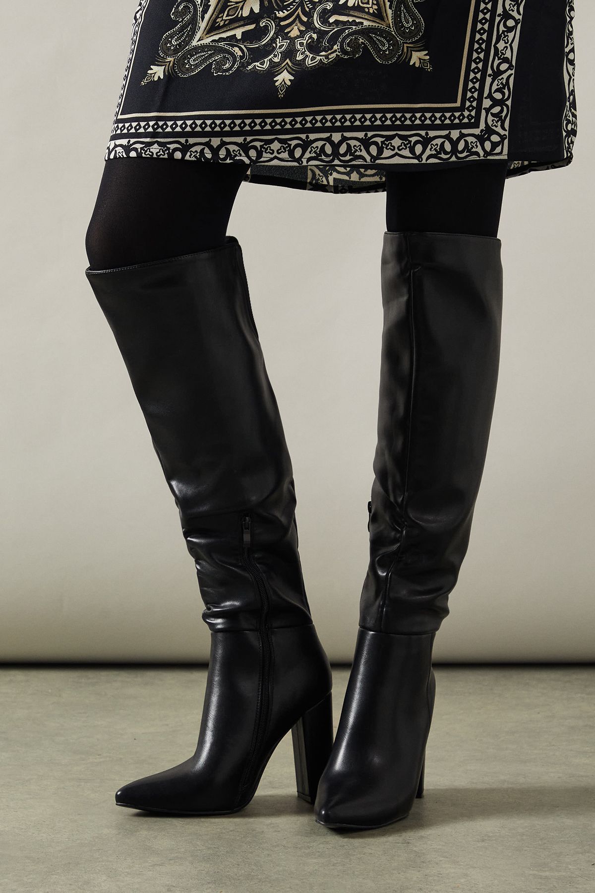 Oasis Kandi Faux Leather High Block Heel Pointed Over The Knee Boot Black image 1