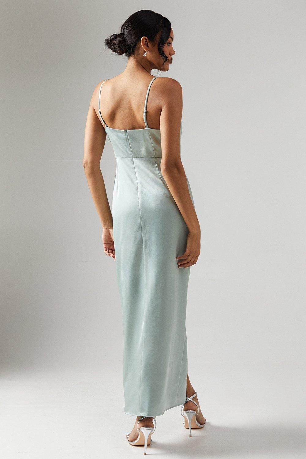 Oasis Petite Ruched Side Strappy Satin Maxi Bridesmaid Dress Sage image 3