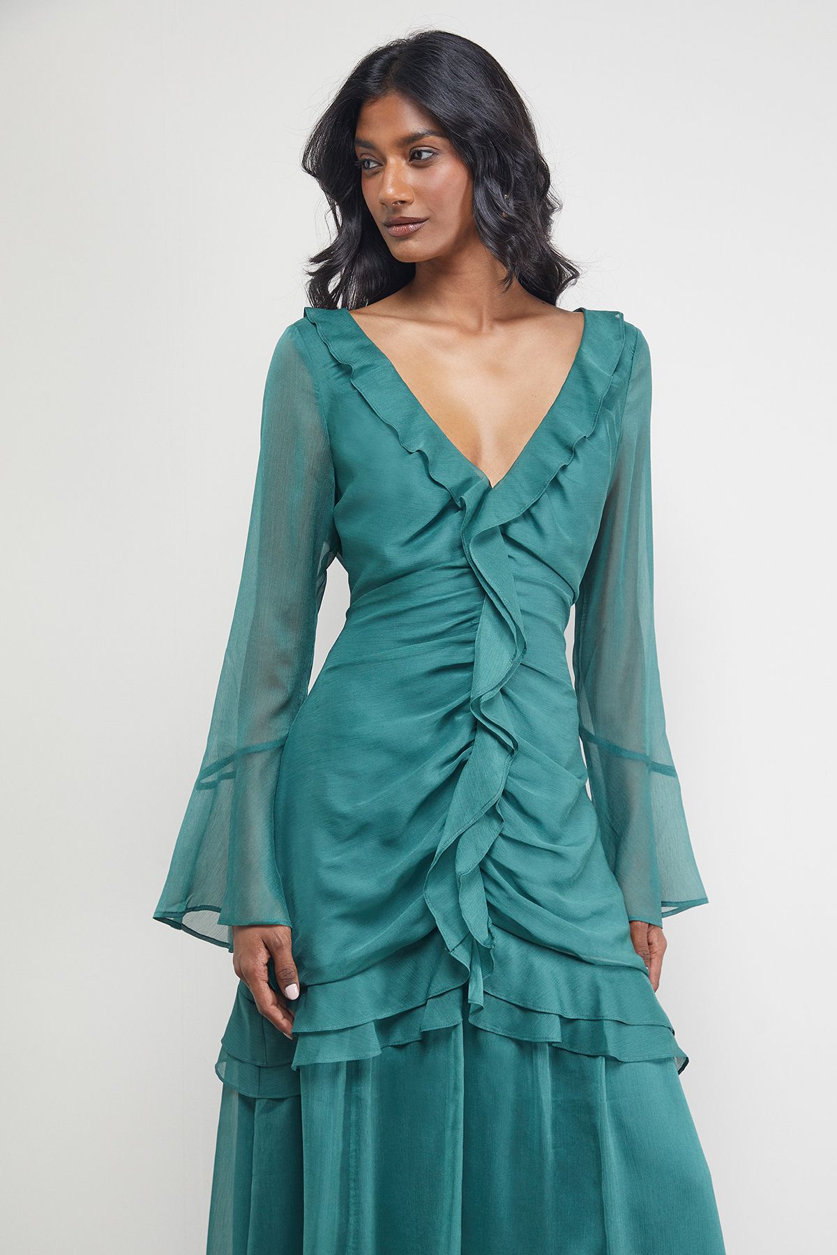 Warehouse Chiffon Ruffle Gathered Bodice Midi Dress Dark Green image 4