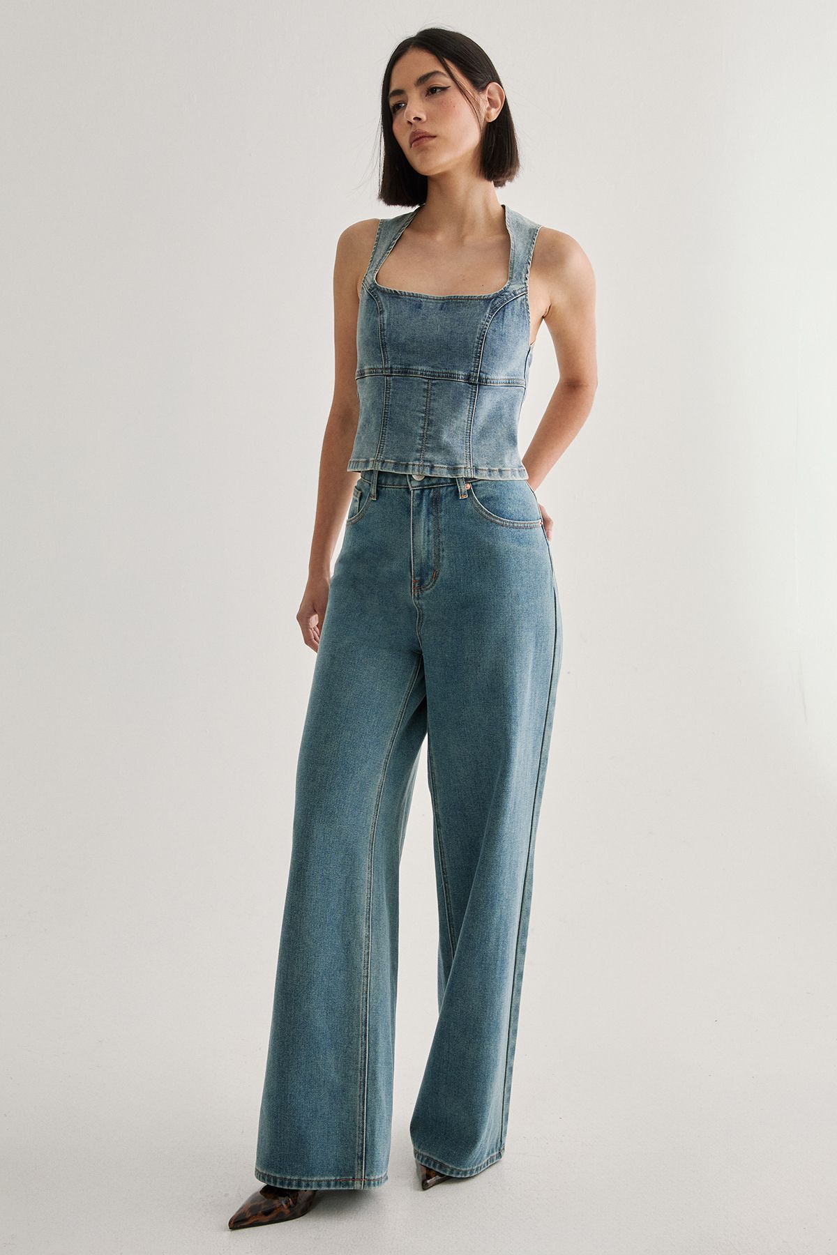 NastyGal Denim Lace Back Top Vintage Wash image 2