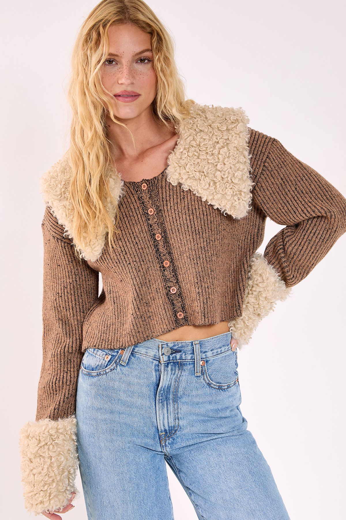 NastyGal Teddy Fur Collared Knitted Cardigan Brown image 3