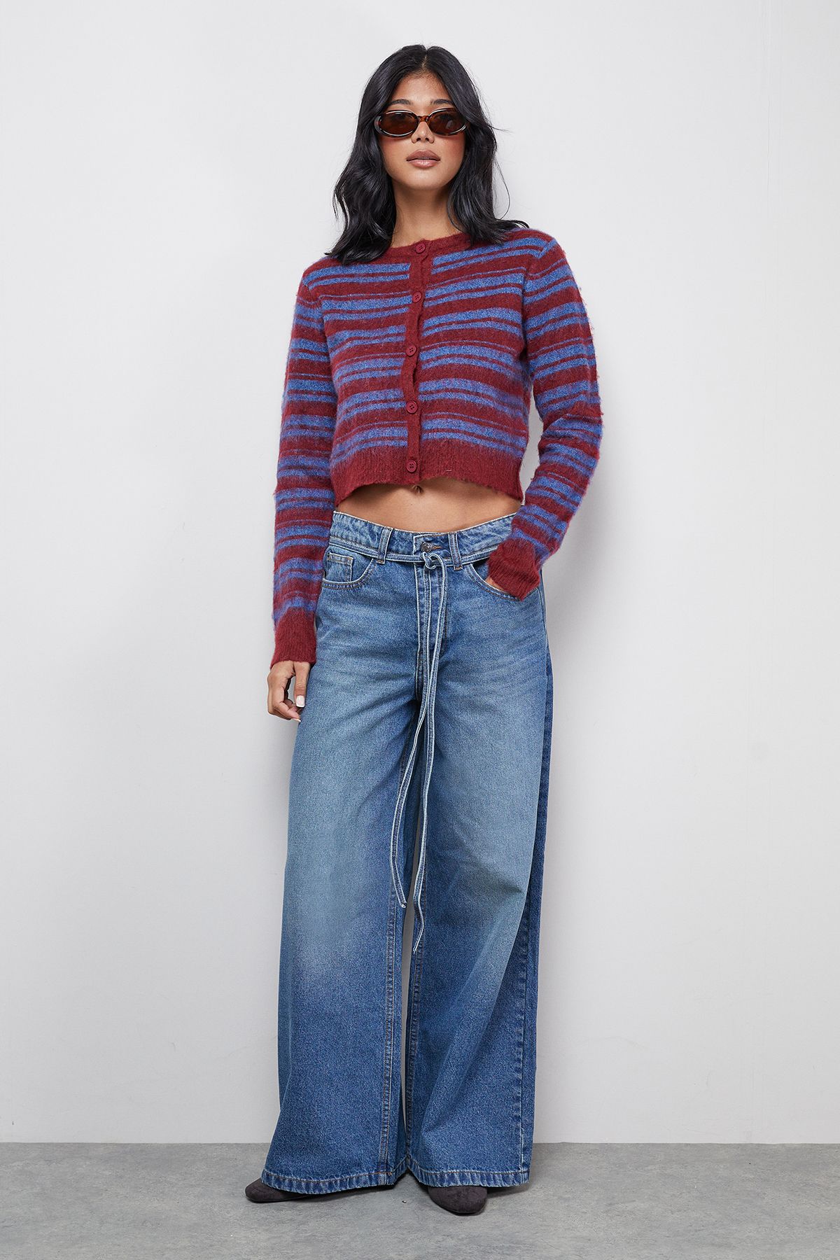 Warehouse Fluffy Striped Cardigan Blue image 2