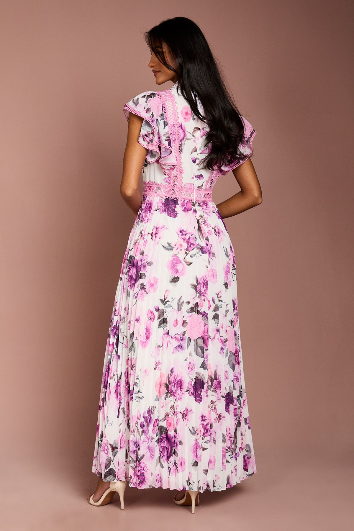 Coast Petite Frill Sleeve Contrast Collar Pleat Skirt Maxi Dress Ivory image 3