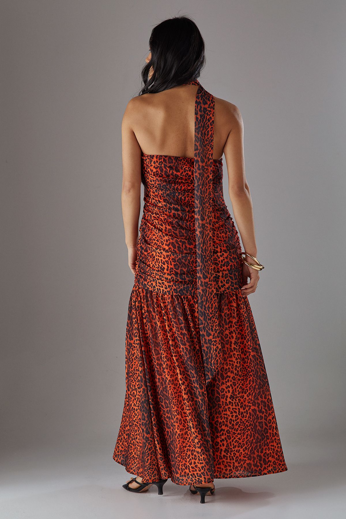 Warehouse Petite Chiffon Neck Tie Bandeau Ruched Maxi Dress Orange image 4