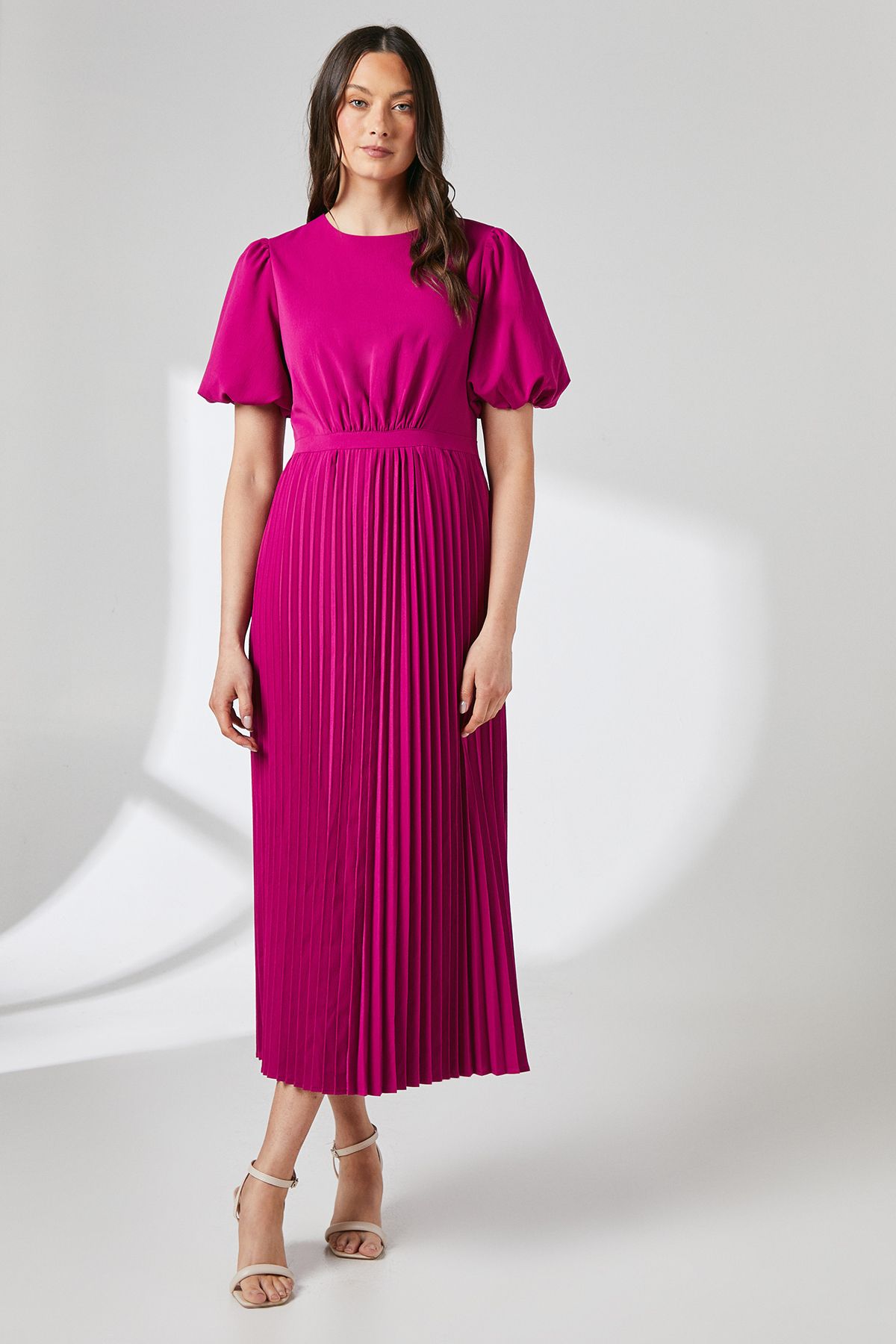 Principles Raspberry Puff Sleeve Pleated Midi Dress Raspberry image 1