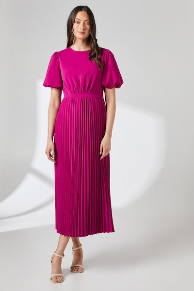 Principles Raspberry Puff Sleeve Pleated Midi Dress Raspberry