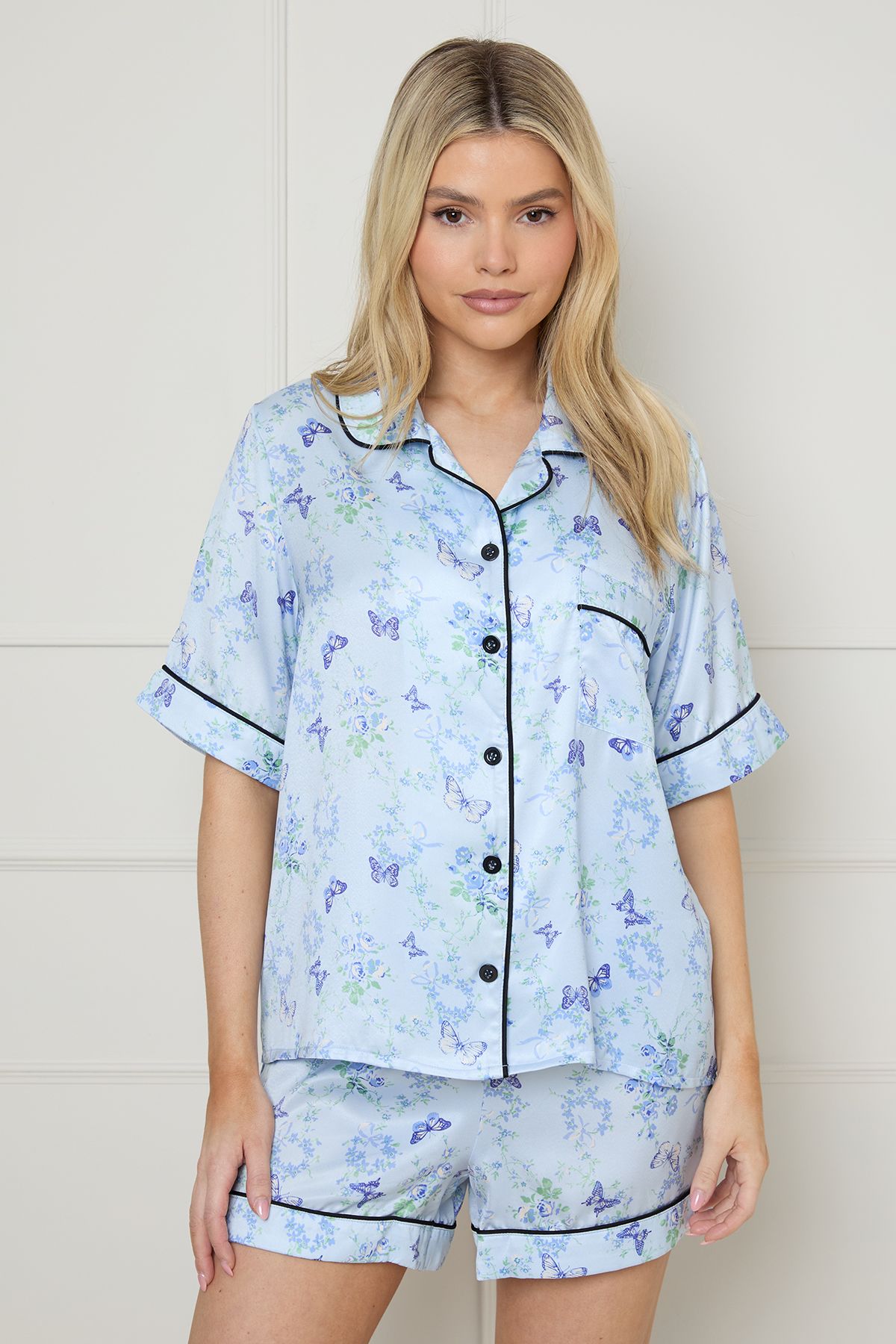 Oasis Blue Butterflies Satin Nightwear Shorts Set Blue image 3