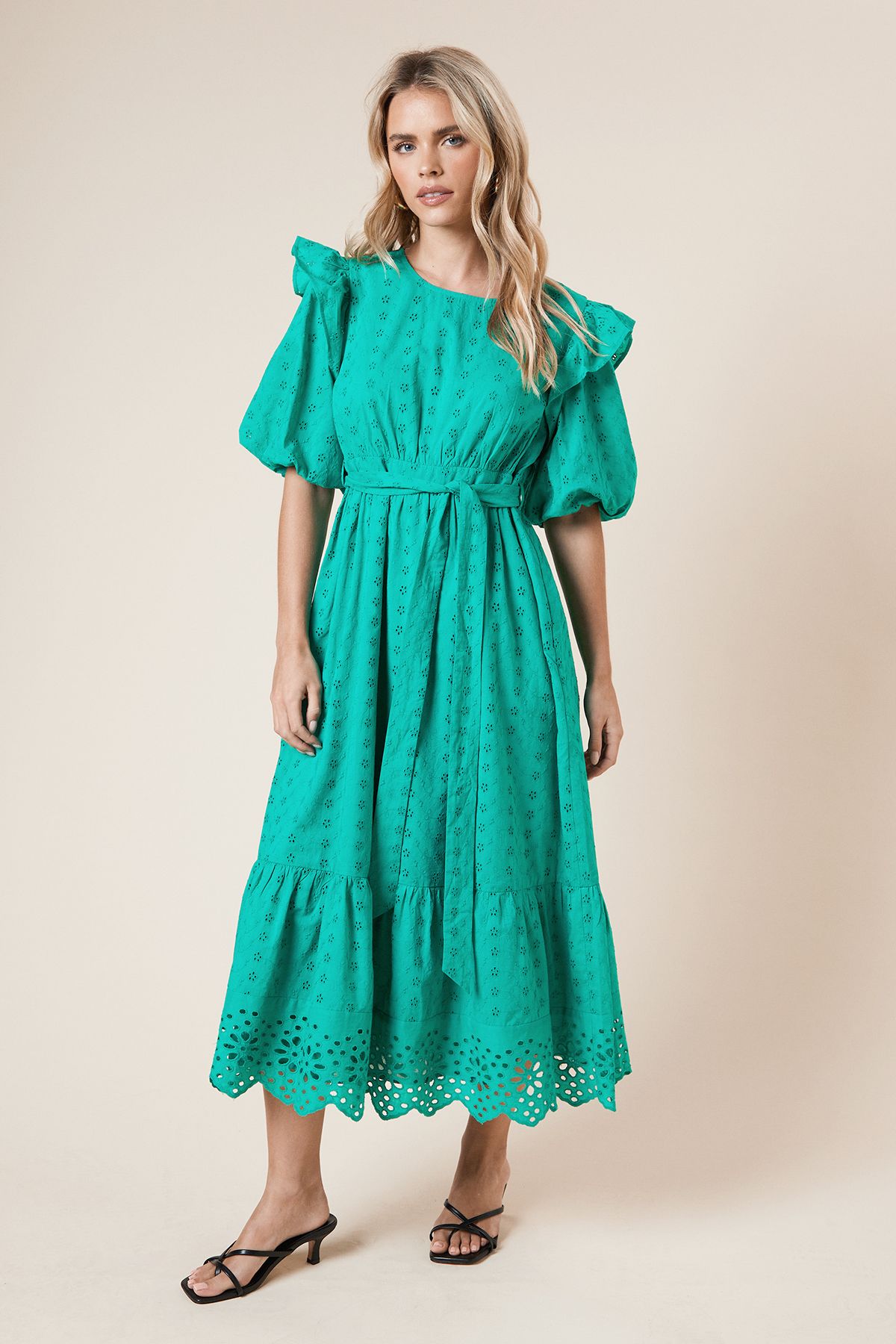 Dorothy Perkins Petite Cutwork Ruffle Puff Sleeve Midi Dress Green image 1