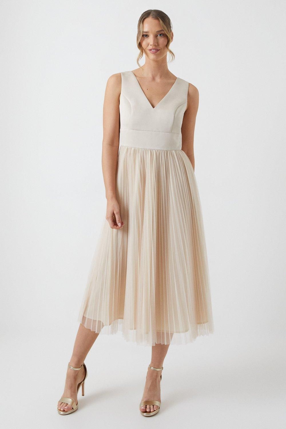 Coast Satin Bodice Tulle Skirt Midi Bridesmaid Dress Champagne image 1