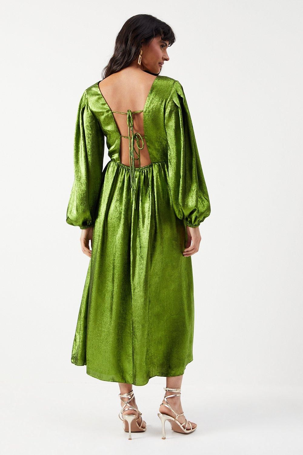 Warehouse Metallic V Neck Open Back Midi Dress Green image 3