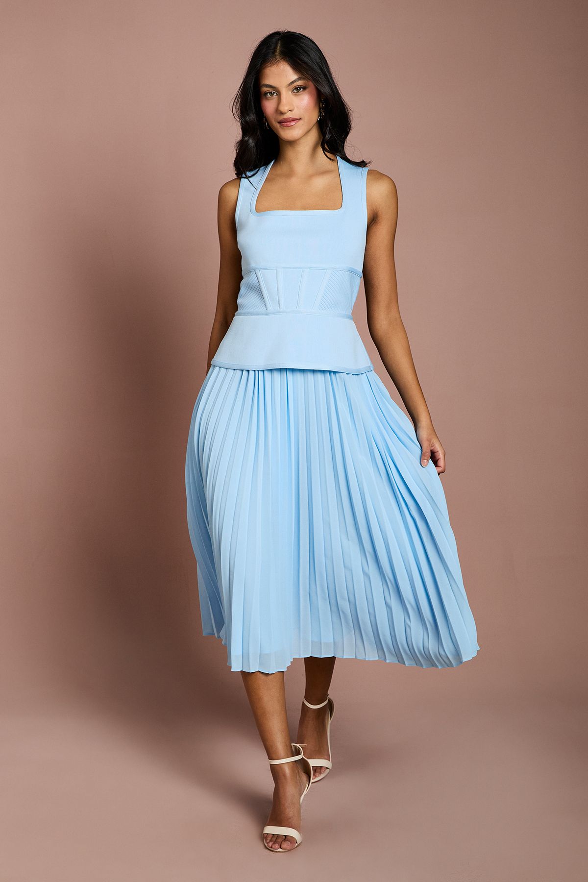 Coast Petite Bandage Peplum Georgette Pleated Skirt Midi Dress Light Blue