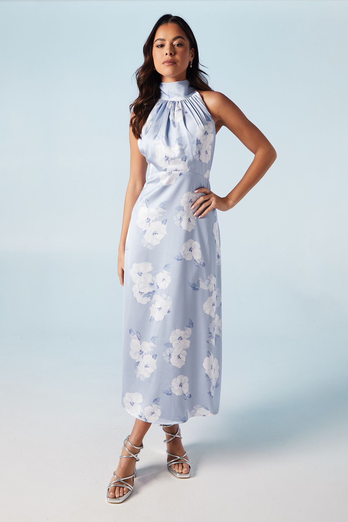 Oasis Lavender Posy Satin Halter Neck Midi Bridesmaid Dress Lavender image 1