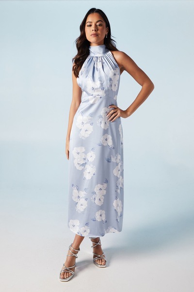 Oasis Lavender Posy Satin Halter Neck Midi Bridesmaid Dress Lavender