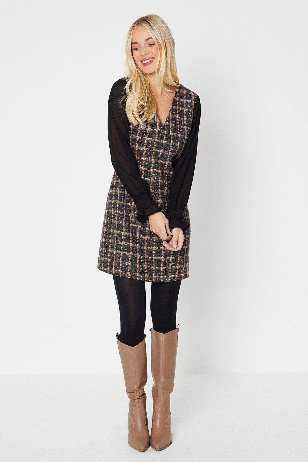 Oasis Petite Chiffon Sleeve Check Boucle Dress Blue image 2