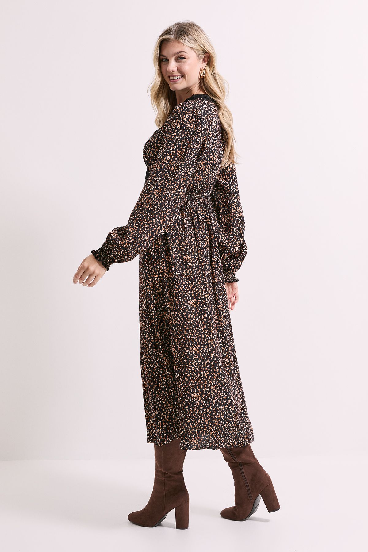 Dorothy Perkins Black Animal Lace Trim Bow Detail Long Sleeve Midi Dress Black image 4