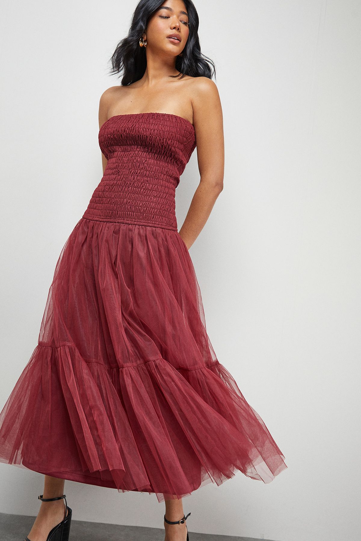 Warehouse Bandeau Sheering Tulle Maxi Dress Wine image 2