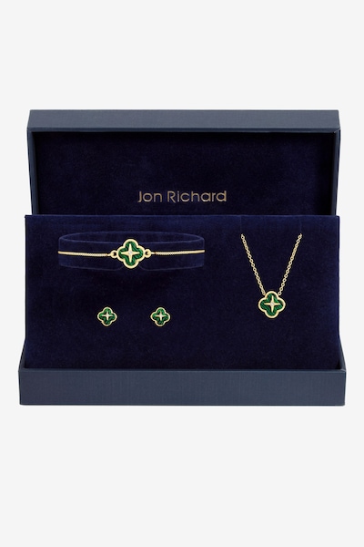 Jon Richard Gold Plated and Malachite Clover Trio Set - Gift Box
