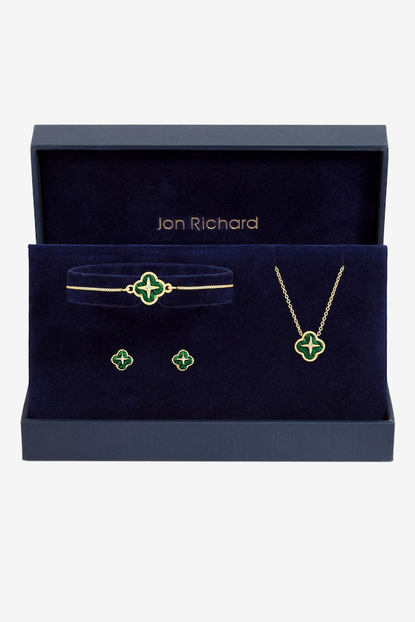 Jon Richard Gold Plated and Malachite Clover Trio Set - Gift Box