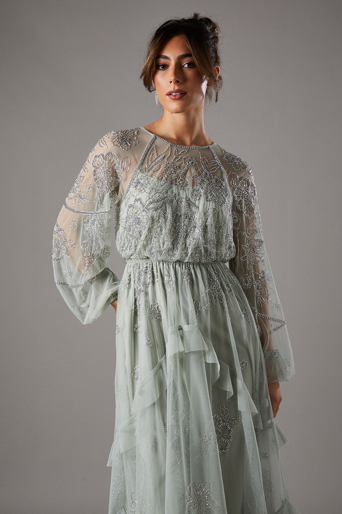 Coast Embellished Frill Chiffon Maxi Dress Sage Silver image 2