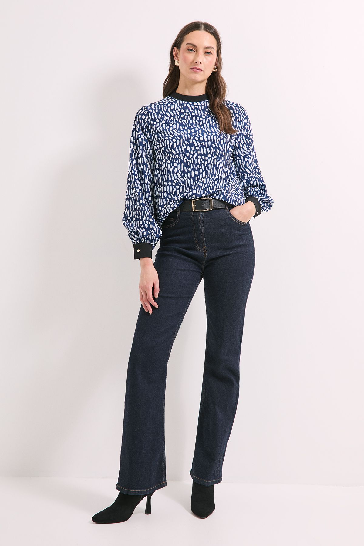 Principles Blue Print High Neck Tie Back Volume Blouse Blue image 2