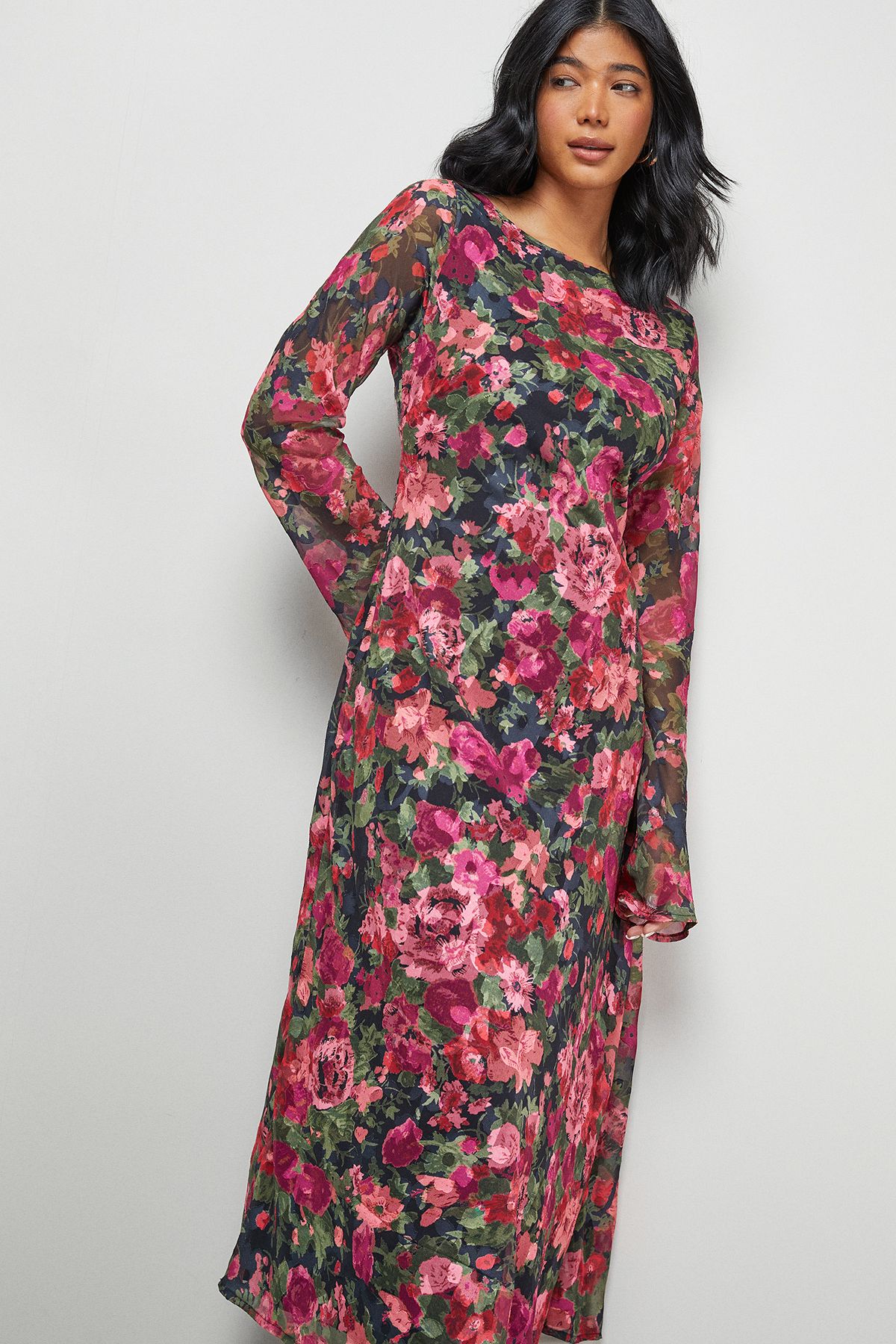 Warehouse Burnout Floral Chiffon Slash Neck Bias Midi Dress Black image 2