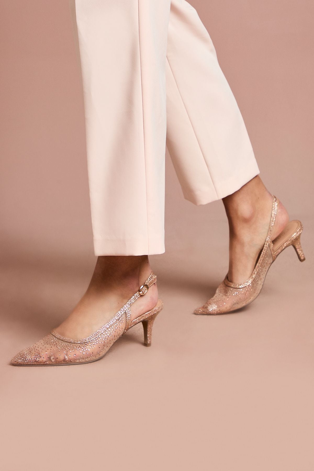 Coast Sara Mesh Diamante Kitten Heel Slingback Court Shoes Nude Pink image 1