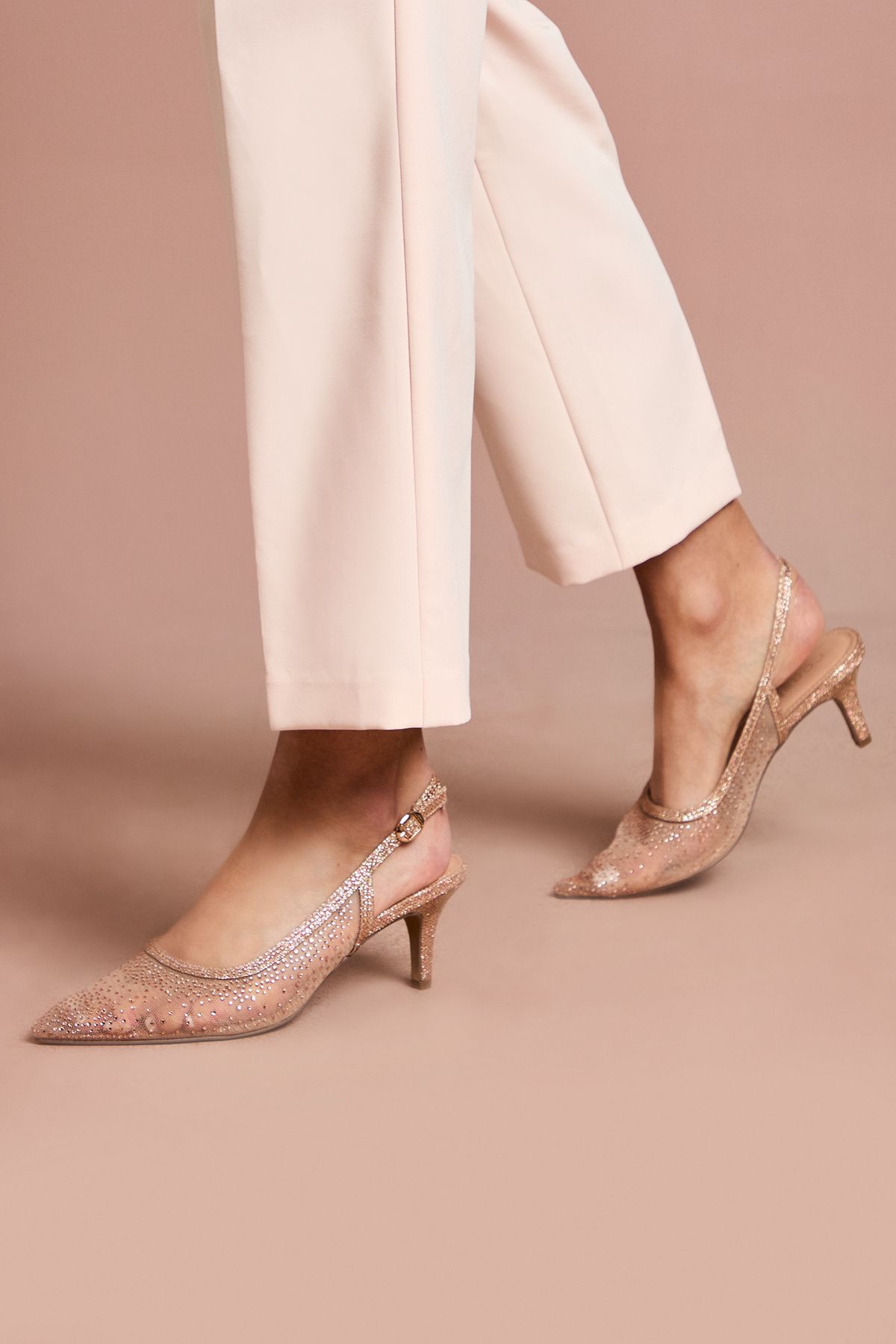 Coast Sara Mesh Diamante Kitten Heel Slingback Court Shoes Nude Pink