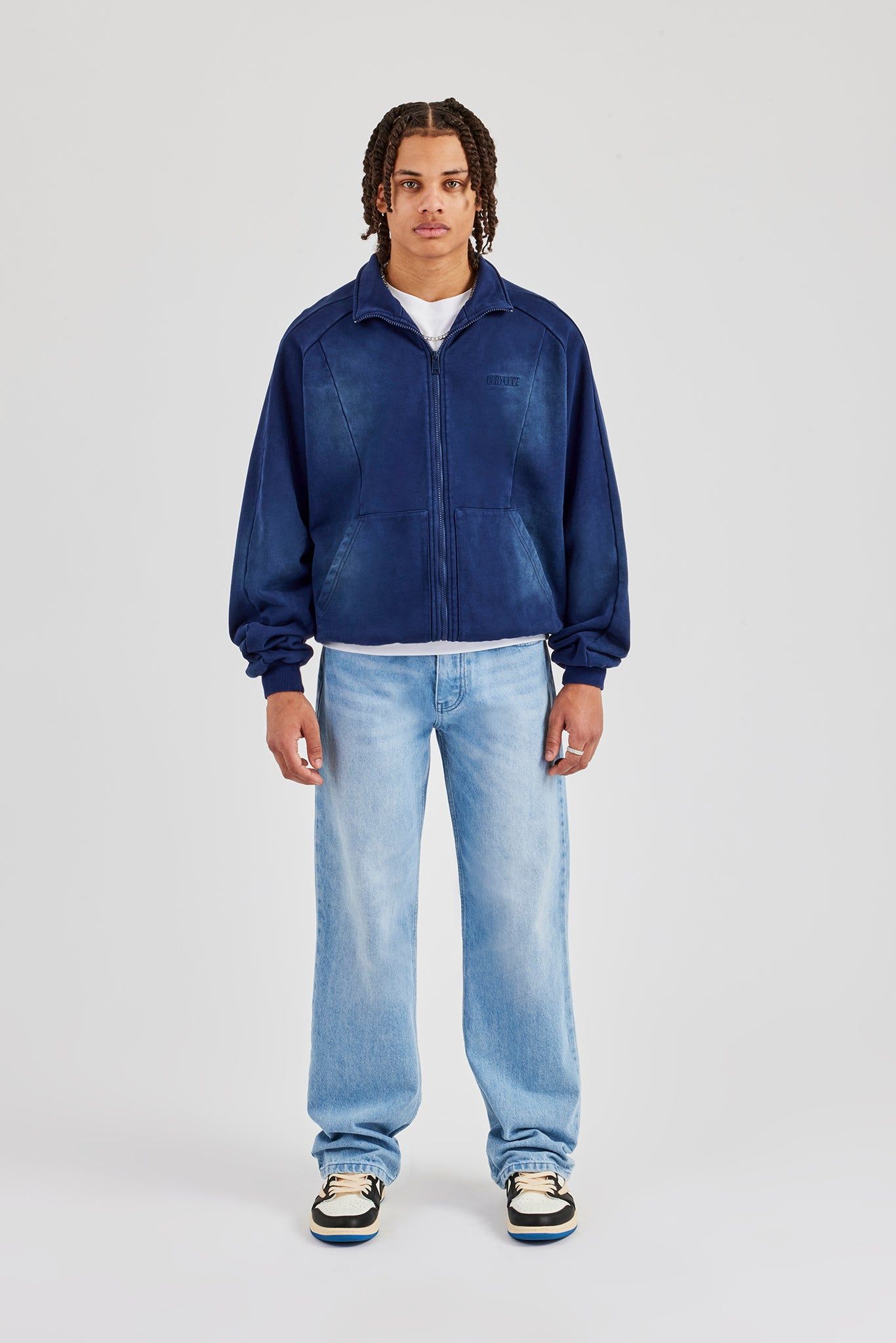 Cernucci Washed Raglan Seam Detail Zip Through Hoodie - Navy Blue image 5