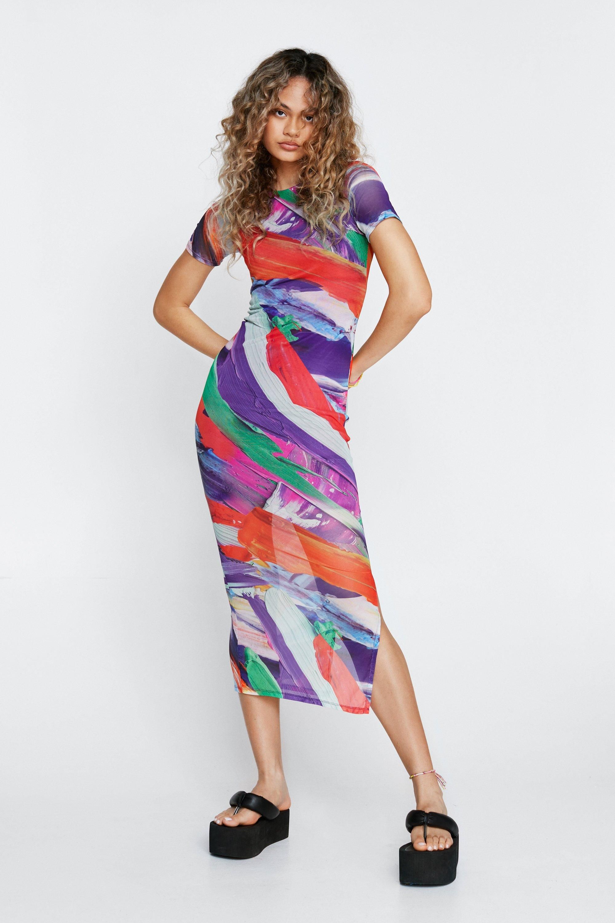 NastyGal Painterly Print Short Sleeve Mesh Midi Dress Multi image 1