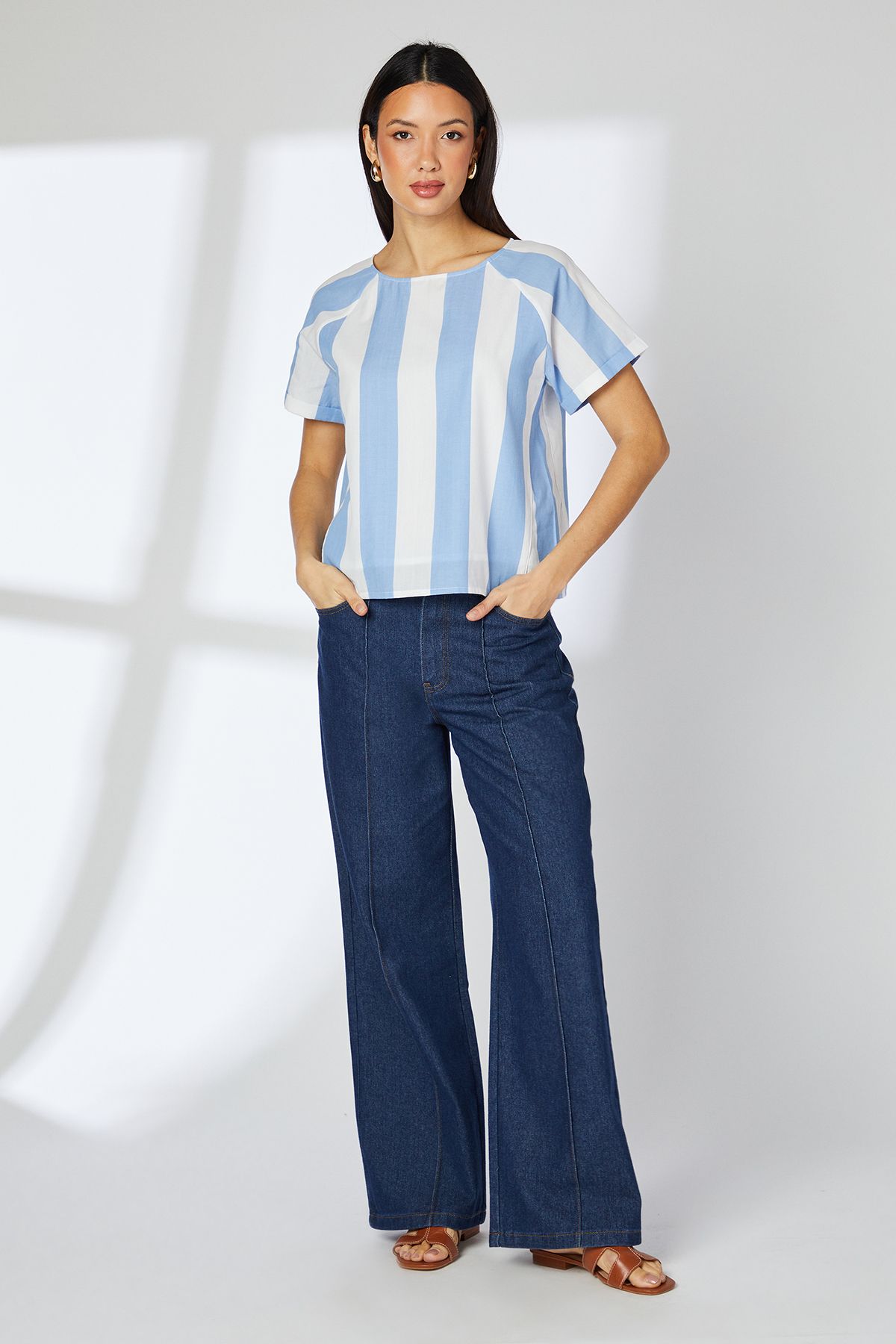 Principles Blue Stripe Wide Sleeve Blouse Blue image 3