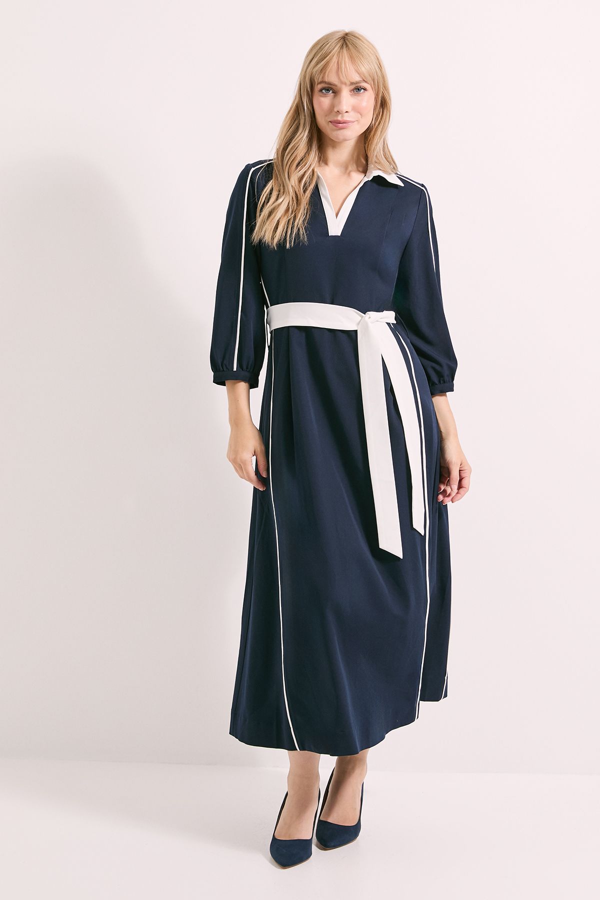 Principles Piping Detail Contrast Collar Midi Dress Navy image 1