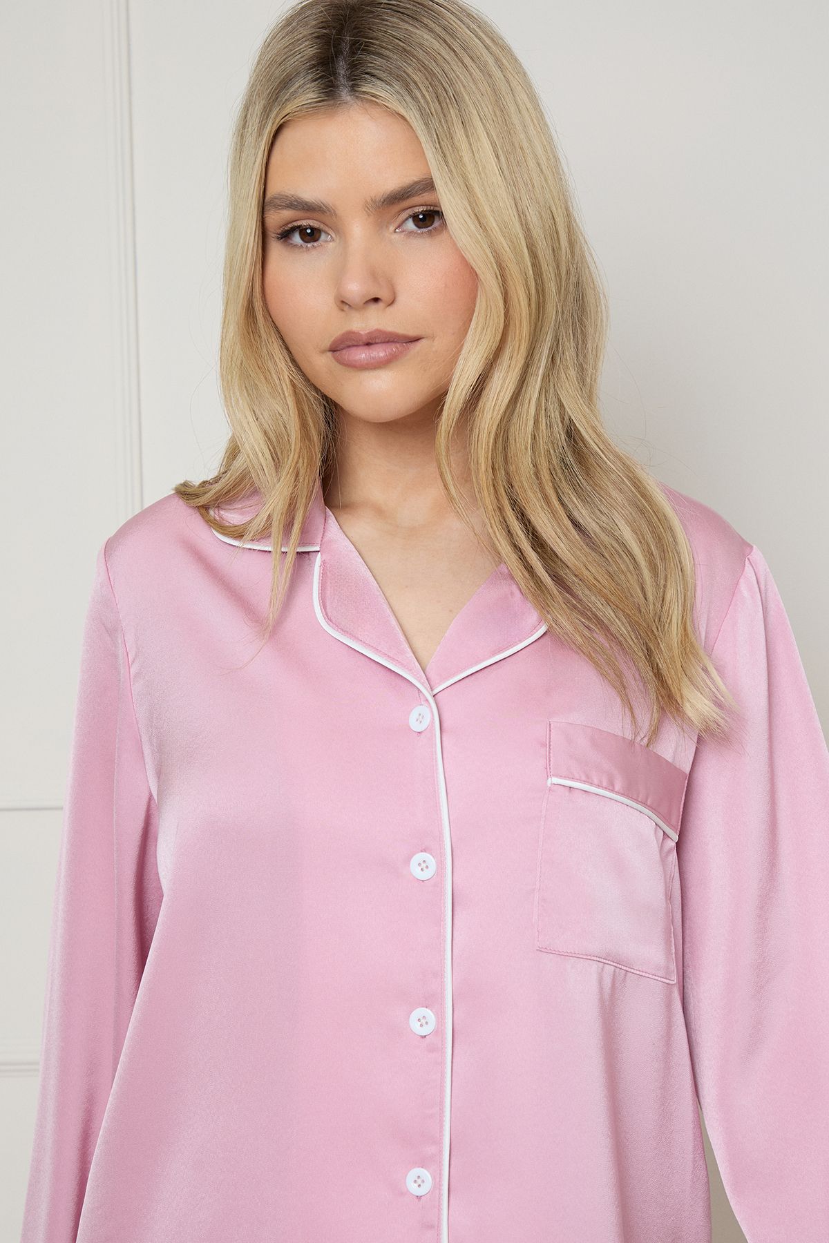 Oasis Plain Satin Contrast Binding Nightwear set Pink image 5